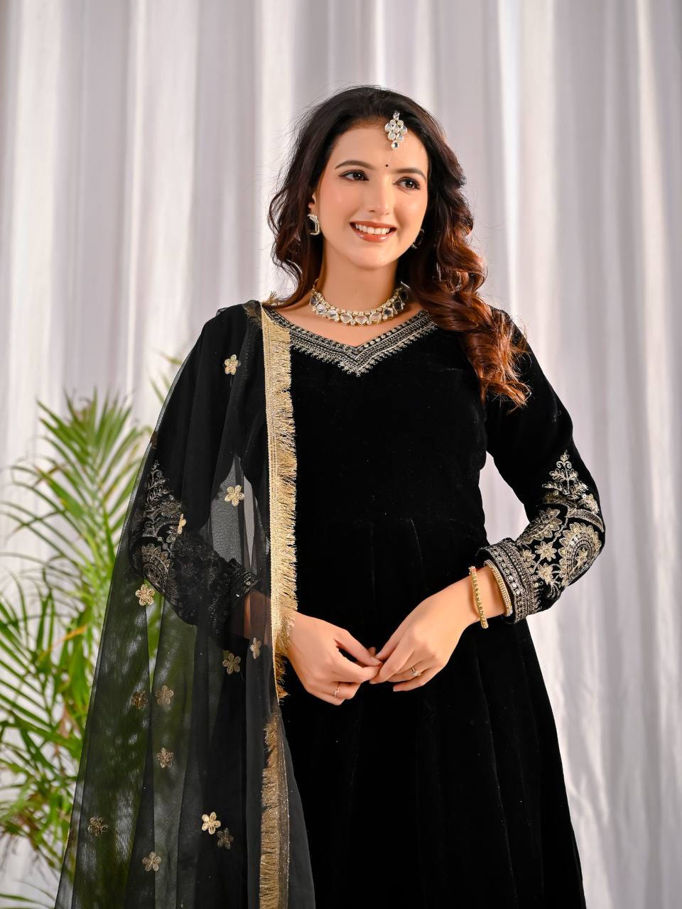 Royal Party Wear Velvet Anarkali Suit with Embroidered Net Dupatta