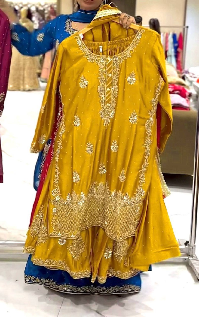 Heavy Chinon Silk Sequence Embroidery Sharara Set with Dupatta