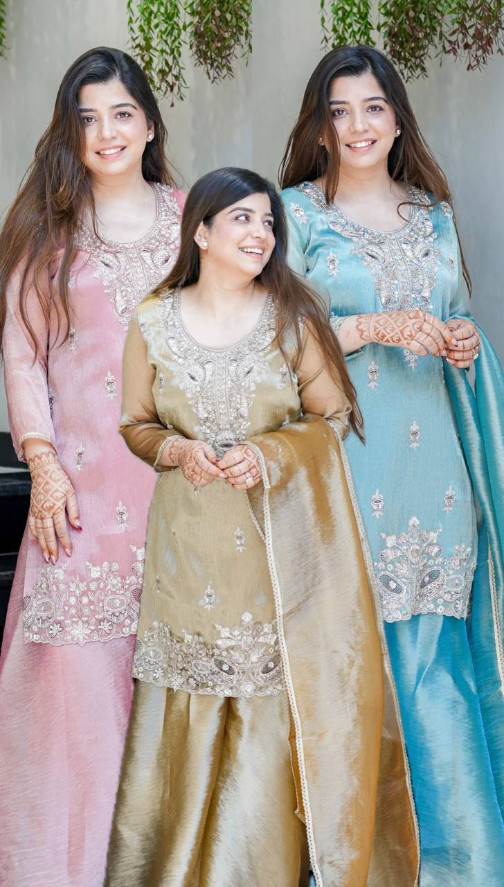 Elegant Heavy Embroidered Satin Suit Set for Women