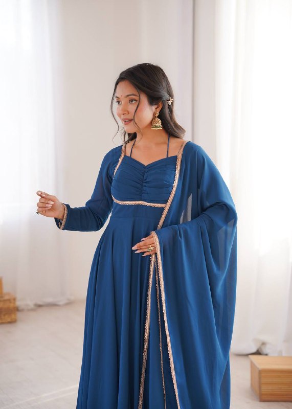 Premium Designer Fox Georgette Long Gown with Rich Flare & Lace Dupatta