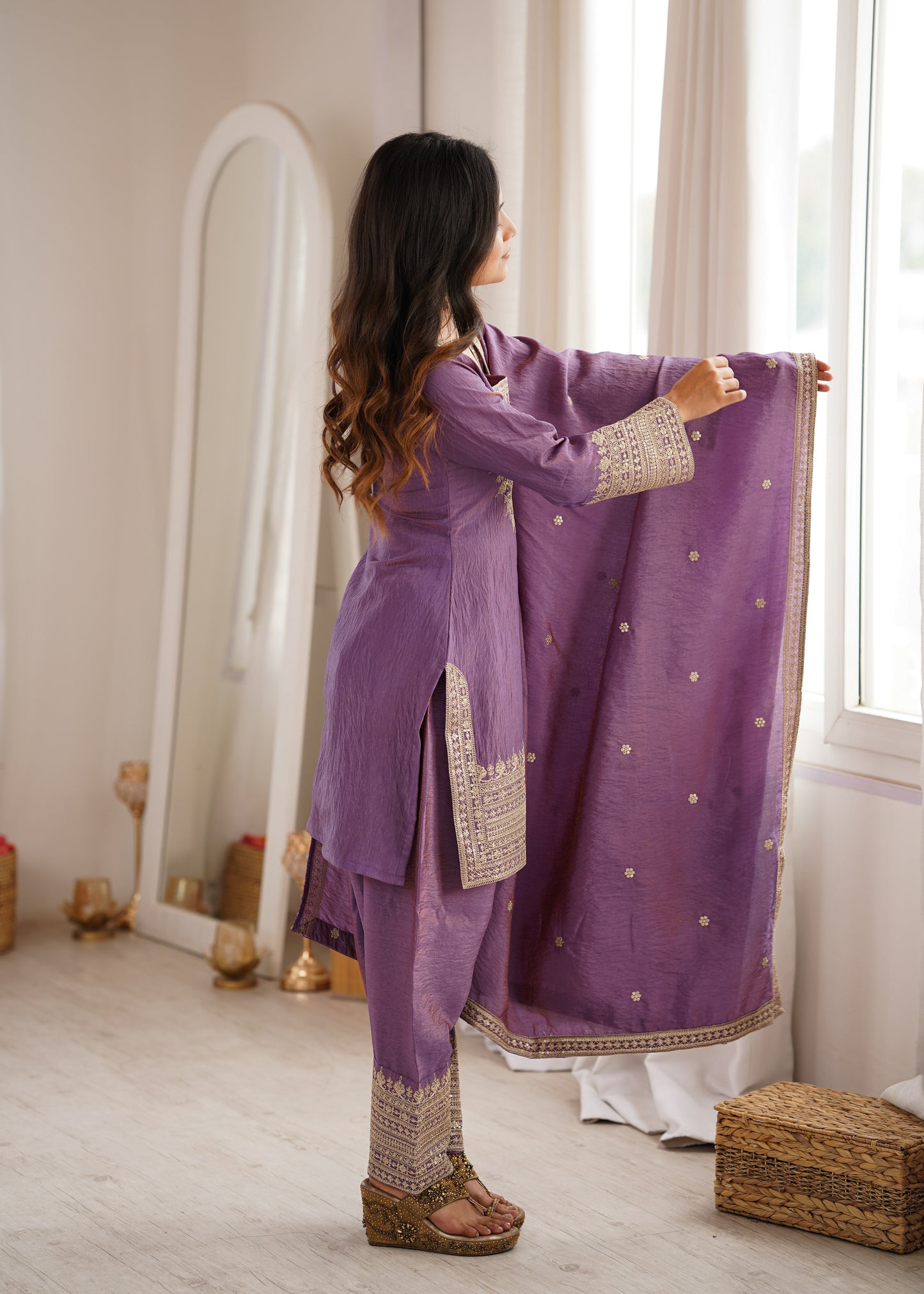 Party Wear NC Vichitra Silk Farshi Shalwar Set with Lace Dupatta