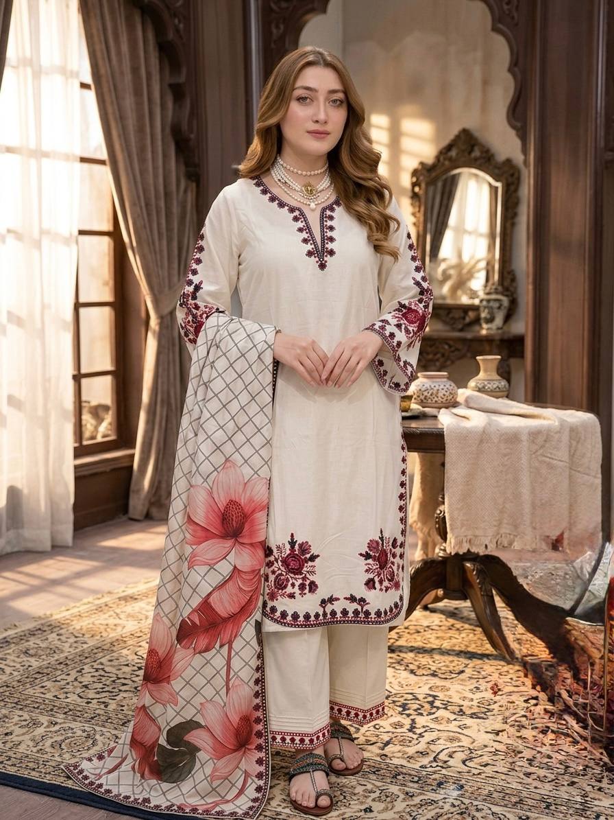 Elegant Satin Rayon Embroidered Kurta Plazzo Set with Printed Dupatta