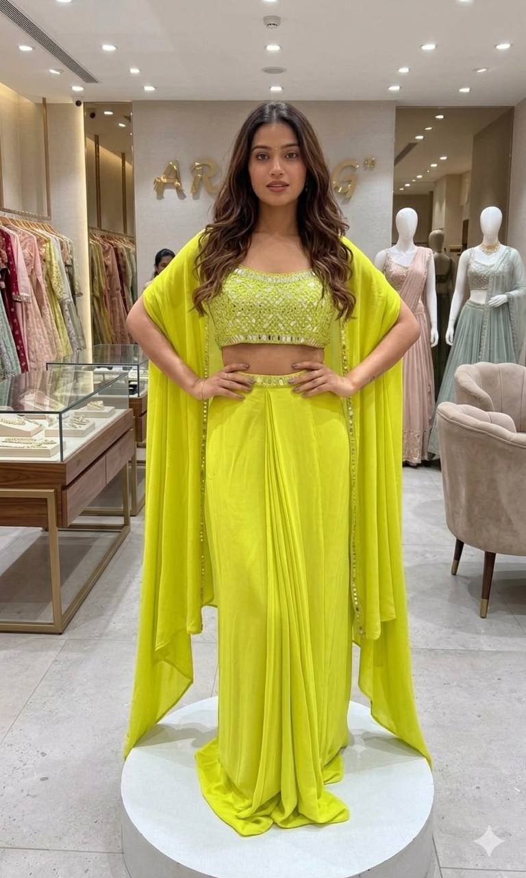Women's French Crepe Mirror Work Lehenga Choli with Shrug