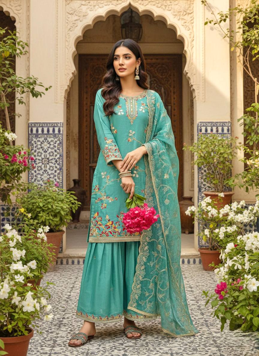 Designer Sequence Work Silk Suit with Fancy Bell Sleeves