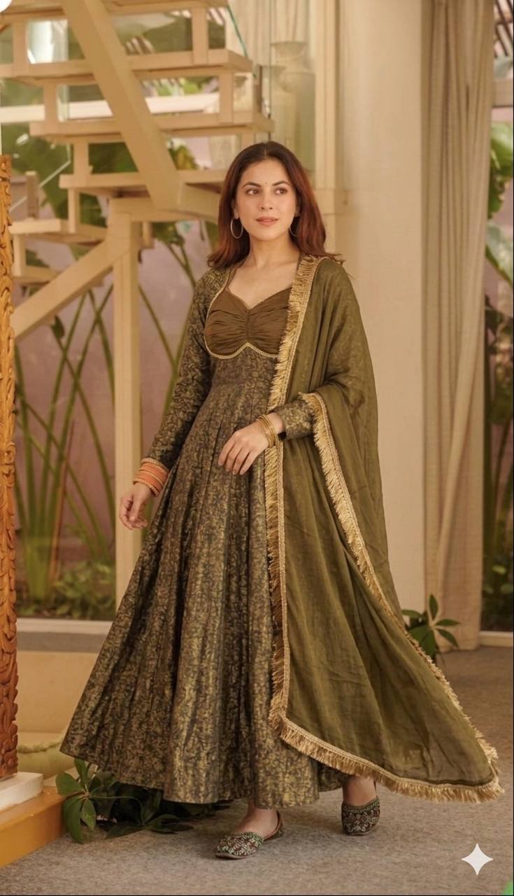 Women's Floral Brocade Jacquard Anarkali Suit Set with Pant & Dupatta