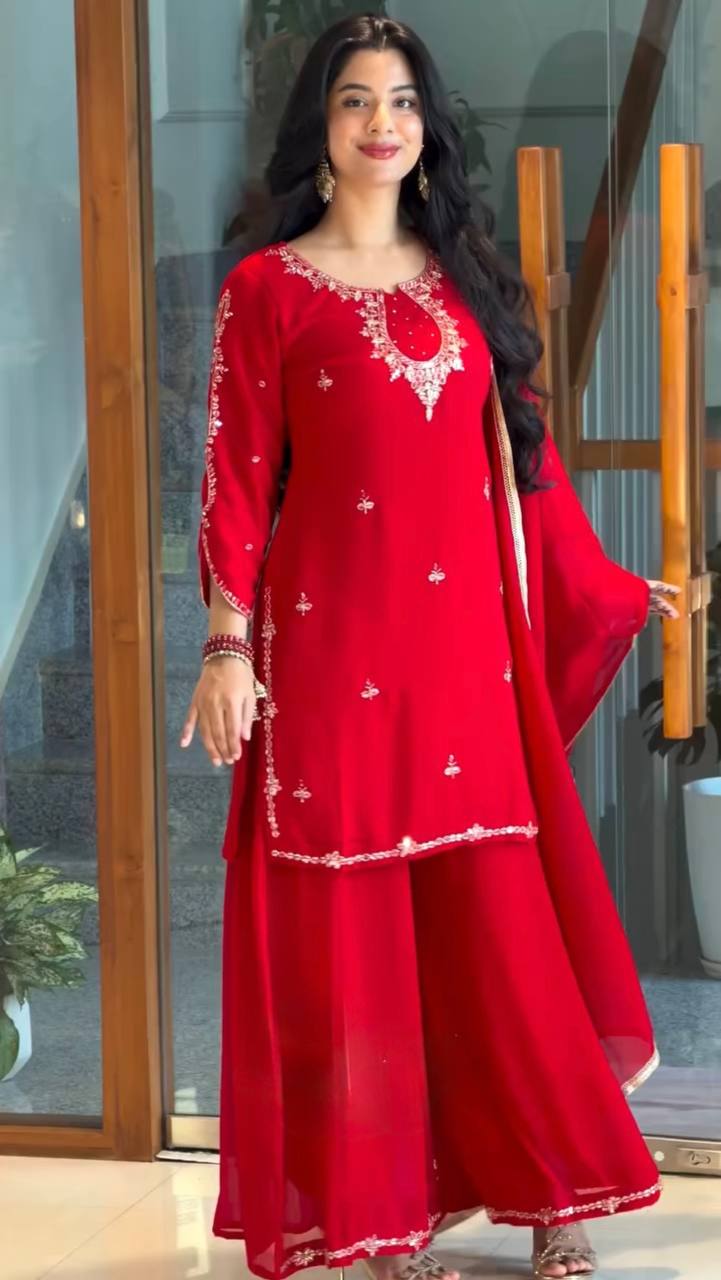 Heavy Faux Georgette 5mm Sequence Embroidered Palazzo Suit With Stone Handwork & Lace Dupatta