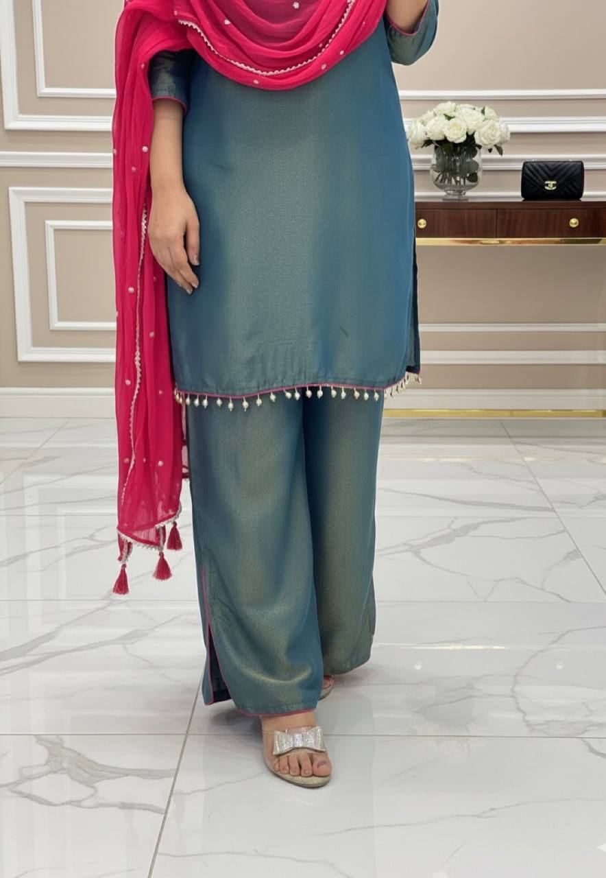 Women's Roman Glass Silk Mirror Work Kurti Palazzo Set with Bustier & Fendy Silk Dupatta