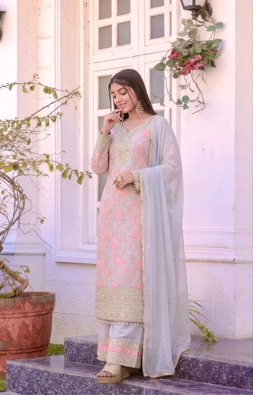 Elegant Faux Georgette Embroidered Kurta Plazzo Set with Dupatta
