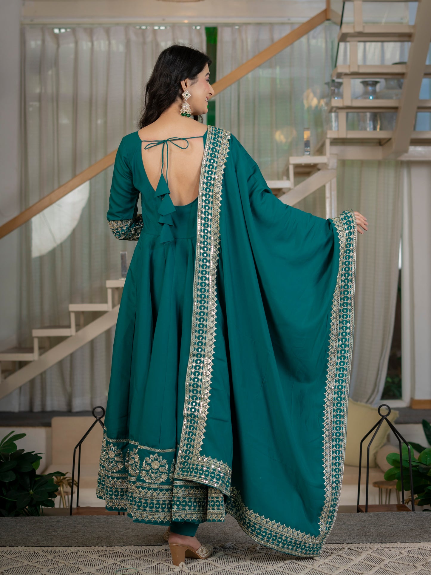 Heavy Roman Cotton Silk Embroidered Anarkali Suit Set with Pant & Dupatta