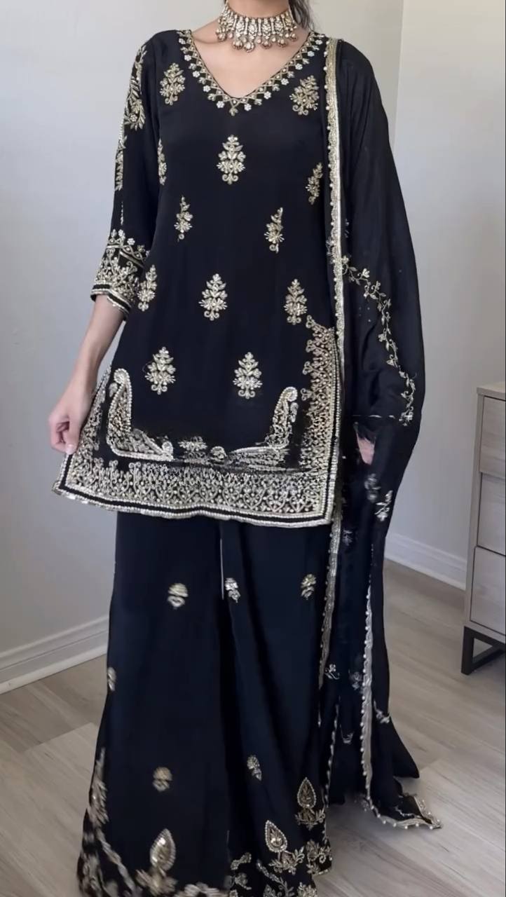 Heavy Chinnon Silk 5mm Sequence Embroidered Palazzo Suit With Dupatta