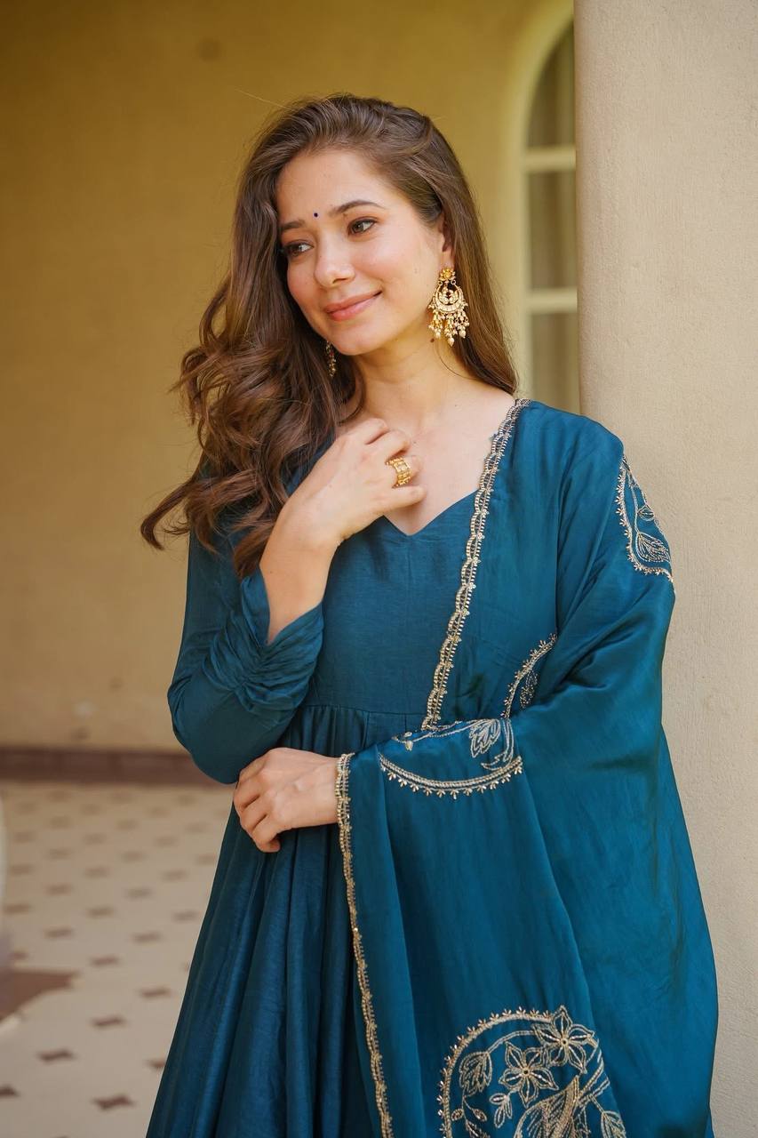 Premium Heavy Vichitra Silk Anarkali Suit Set