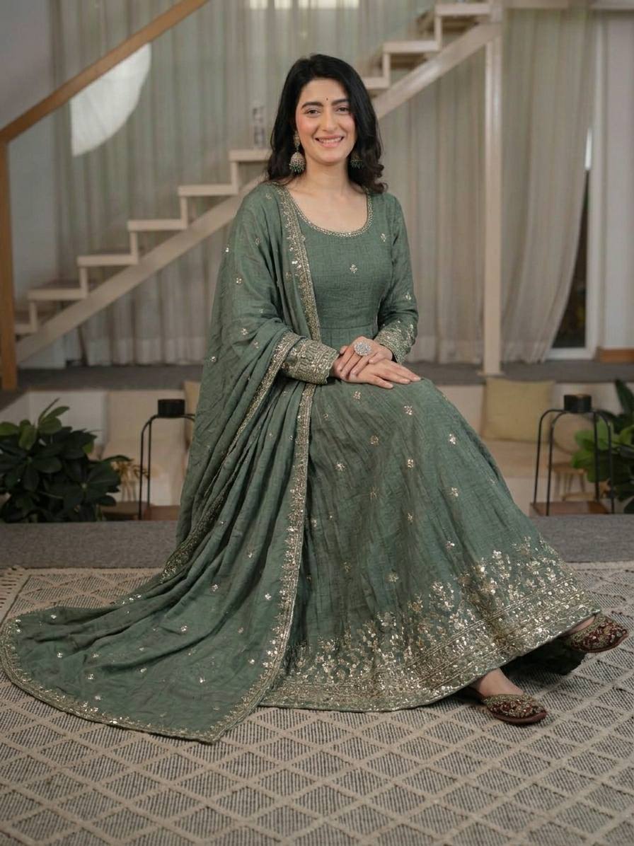 Women's Heavy Crunchy Silk Anarkali Suit Set with Embroidered Dupatta