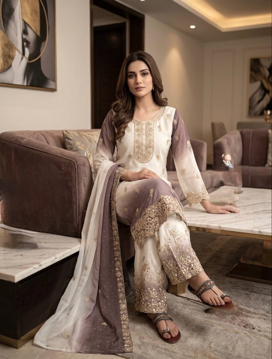 Heavy Dual Tone Georgette Embroidered Diamond Work Kurta Palazzo Set