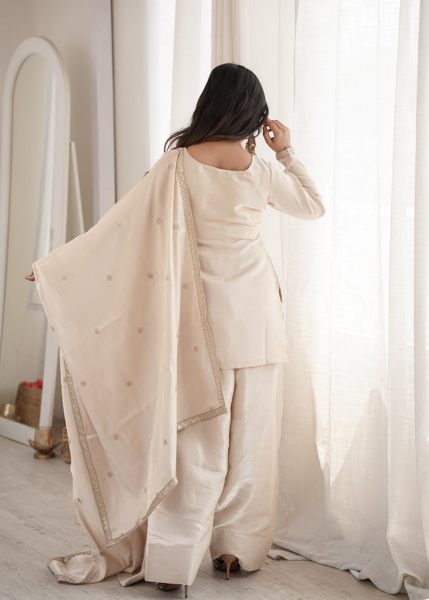 Designer Glass Roman Silk Embroidered Kurta with Farshi Shalwar & Dupatta Set