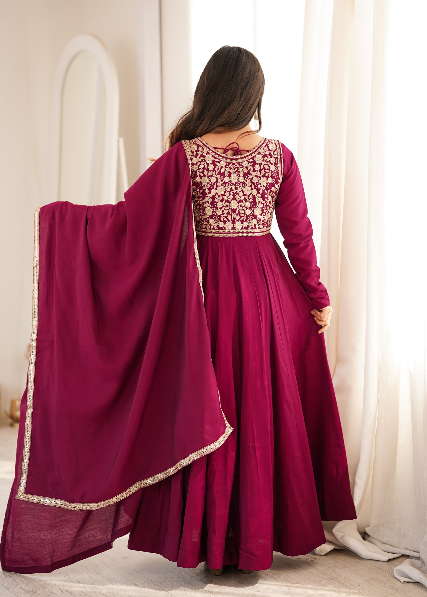 Women's Heavy Roman Silk Chanderi Anarkali Gown Set with Fancy Jacket & Embroidered Dupatta