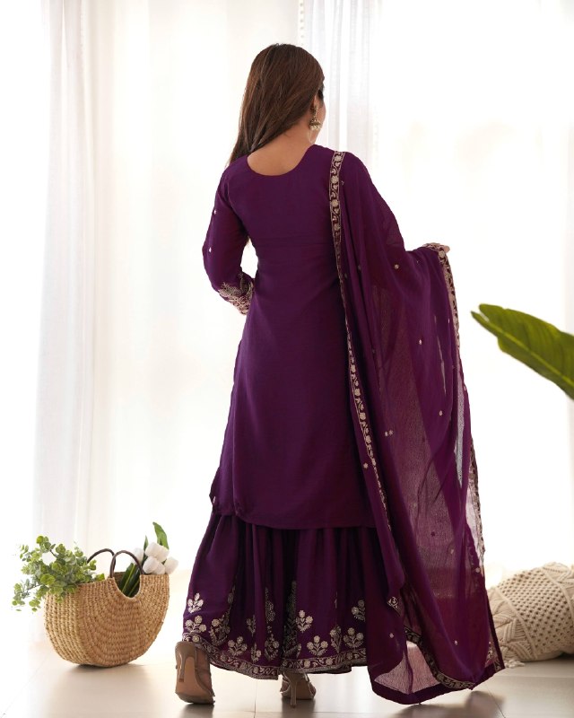 Designer Chinon Silk Kediyakurta with Sharara & Dupatta Set
