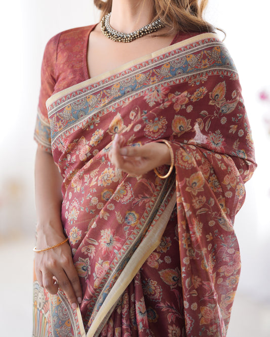 Elegant Rust Maroon Printed Cotton Saree with Artistic Heritage Pallu and Tassels