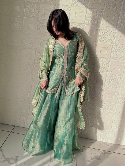 Fully stitched Fendi silk top plazzo dupatta set with rich embroidery work