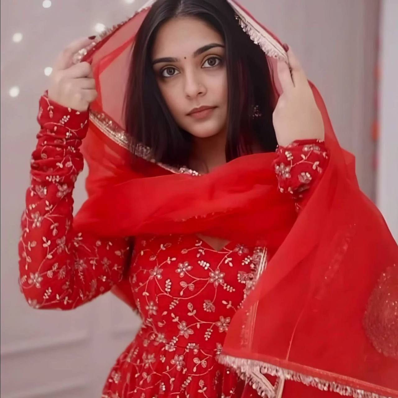 Fully stitched red Anarkali suit set with pant and dupatta for party wear