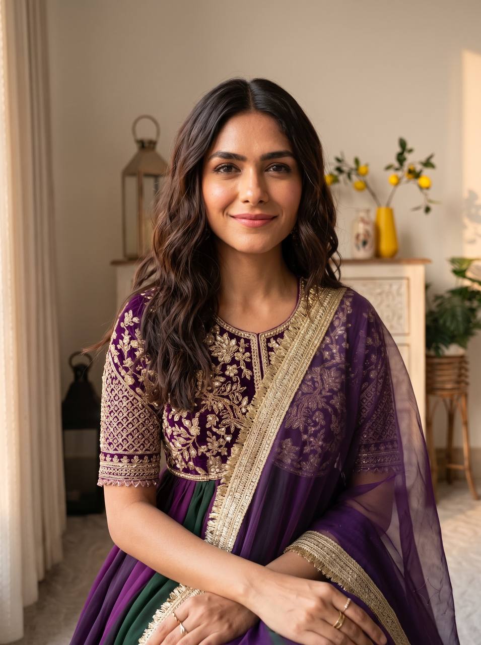 Royal purple and green wedding and festive wear designer gown