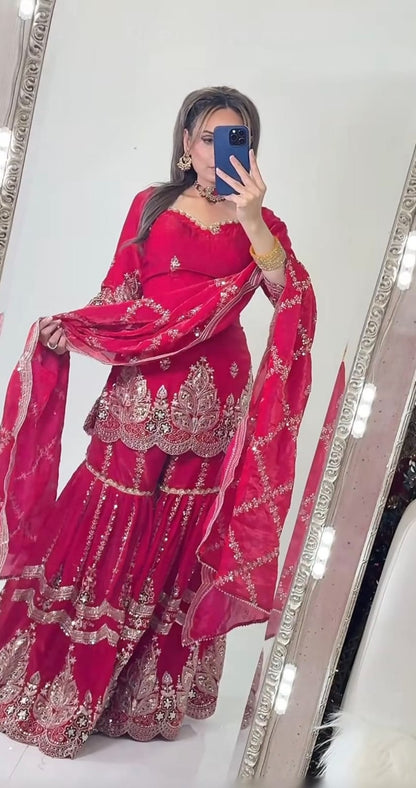 Mustard Designer Sharara Suit Set | Heavy Fandy Crush with 5mm Sequin & Embroidery Work