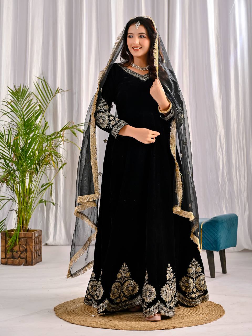 Royal Party Wear Velvet Anarkali Suit with Embroidered Net Dupatta