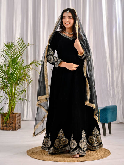 Royal Party Wear Velvet Anarkali Suit with Embroidered Net Dupatta