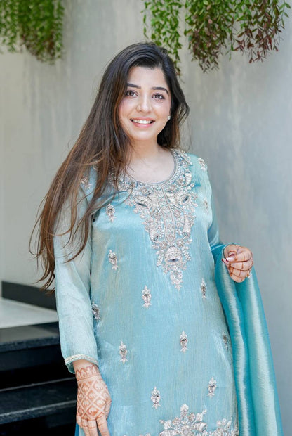 Elegant Heavy Embroidered Satin Suit Set for Women