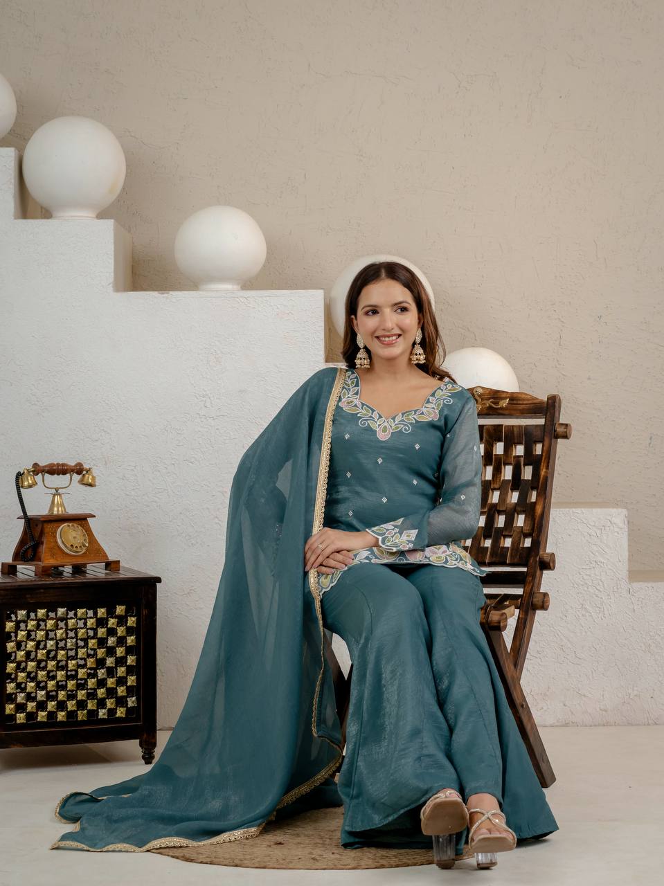 Heavy Crunchy Silk Embroidered Kurta Set with Palazzo & Dupatta