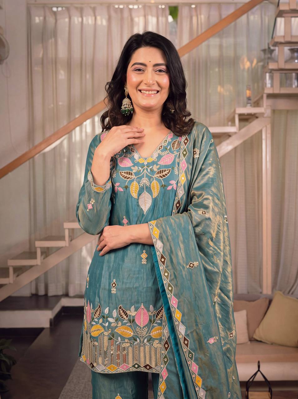 Premium Sindoori Satin Silk Embroidered Palazzo Suit Set for Women