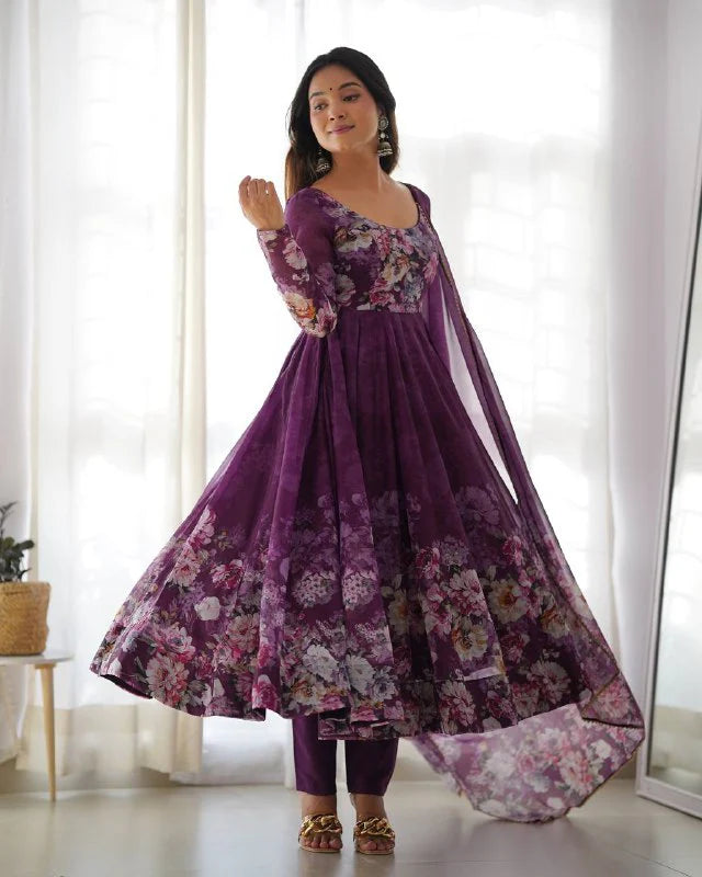 Pure Soft Organza Silk Fully Flared Kali Cut Anarkali Suit Set with Dupatta & Pant