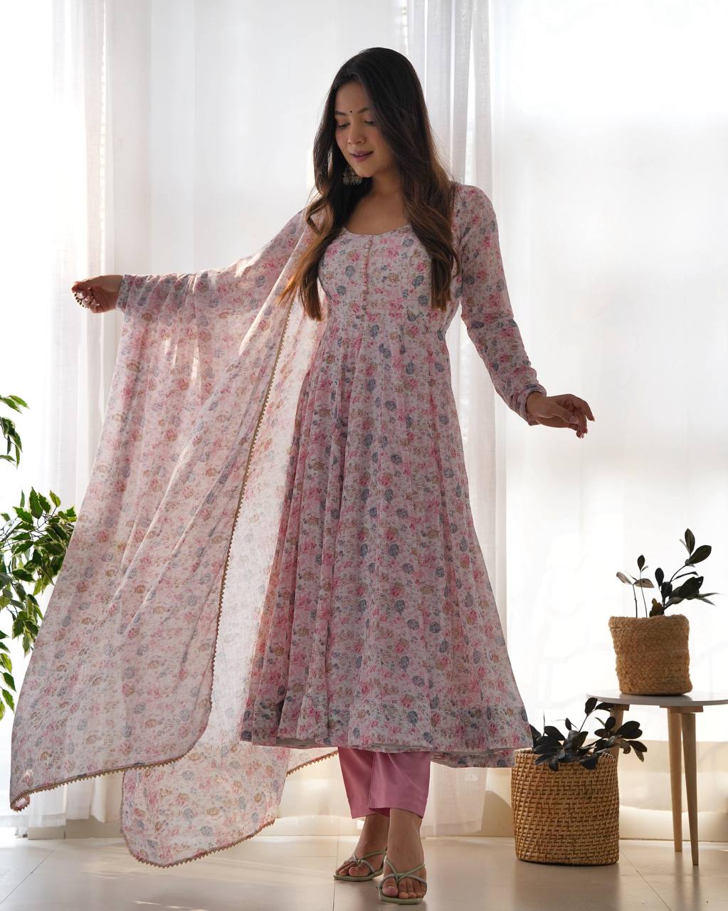 Floral Orange Chiffon Anarkali Set With 4 Meter Flair & Shawl Style Dupatta
