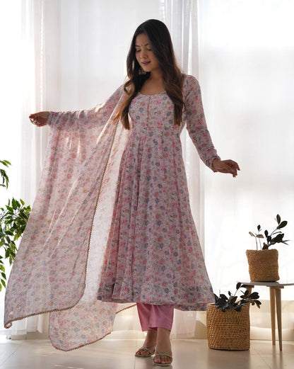Floral Orange Chiffon Anarkali Set With 4 Meter Flair & Shawl Style Dupatta