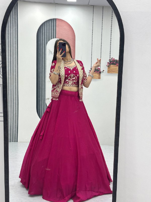 Designer Chinon Crop Top Lehenga Set with Heavy Embroidery Jacket