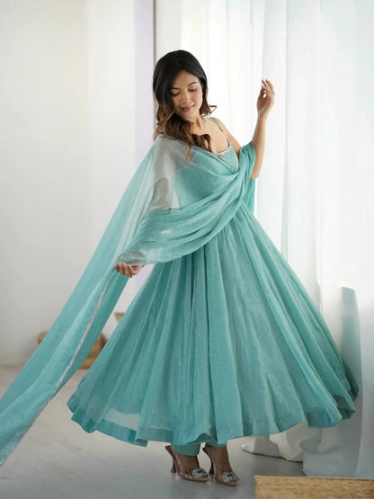Women’s Crunchy Silk Anarkali Suit Set with Swarovski Work & Lace Border Dupatta