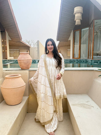 Women's Heavy CP Vichitra Silk Embroidered Kurta Sharara Set with 5mm Sequence Work & Lace Border Dupatta