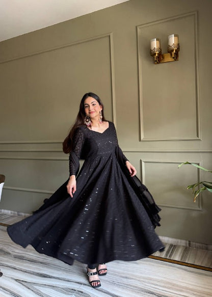 Heavy Fox Georgette Lucknowi Embroidered Anarkali Gown Set with Dupatta
