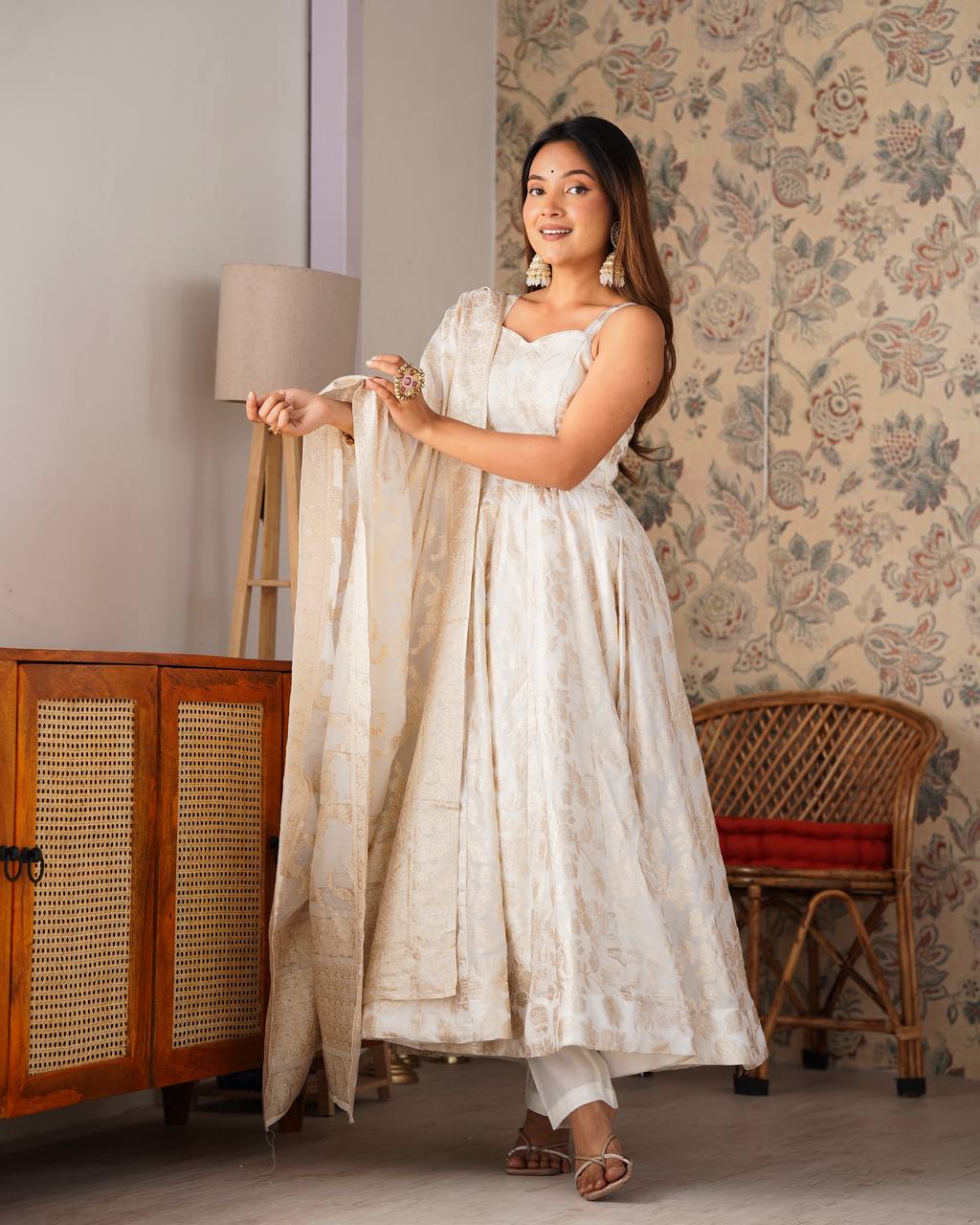 Fancy Banarasi Jackquard Dola Silk Anarkali Gown Set
