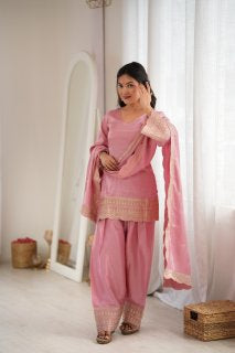 Glass Roman Silk Embroidered Farshi Salwar Suit Set with Dupatta for Women