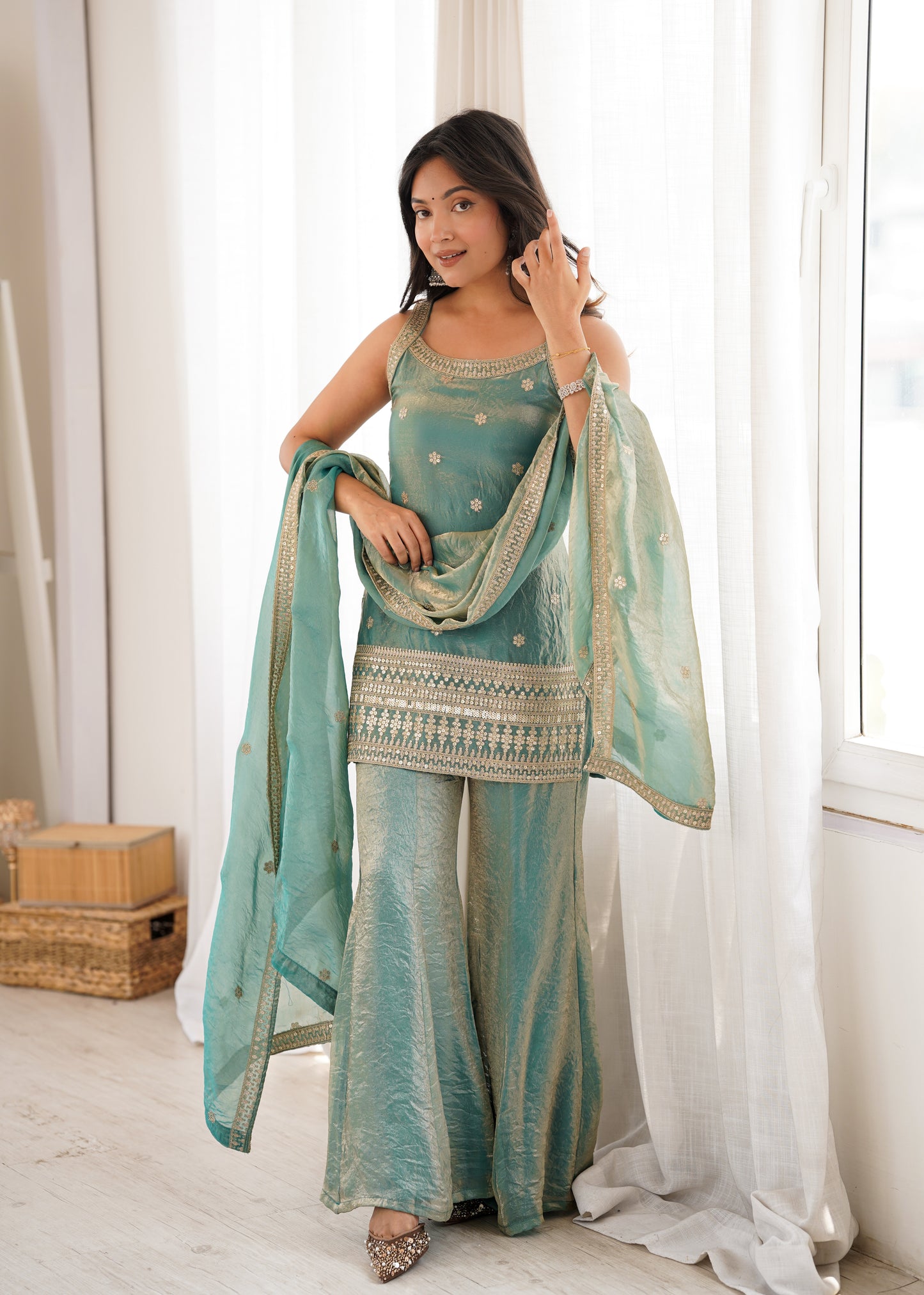 Women Trendy Silk Embroidery Sequence Dori Work Kurta Pant Dupatta Set
