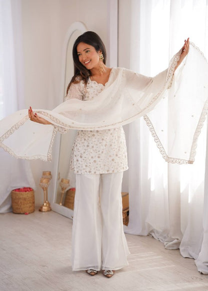 Designer Crunchy Silk Kurta Bell Bottom Set With Embroidery Sequence & Zari Work Dupatta