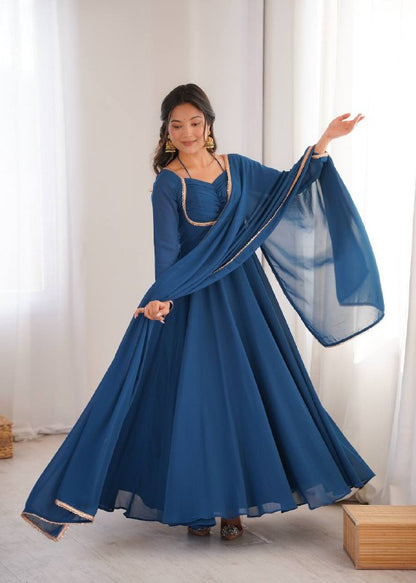 Premium Designer Fox Georgette Long Gown with Rich Flare & Lace Dupatta