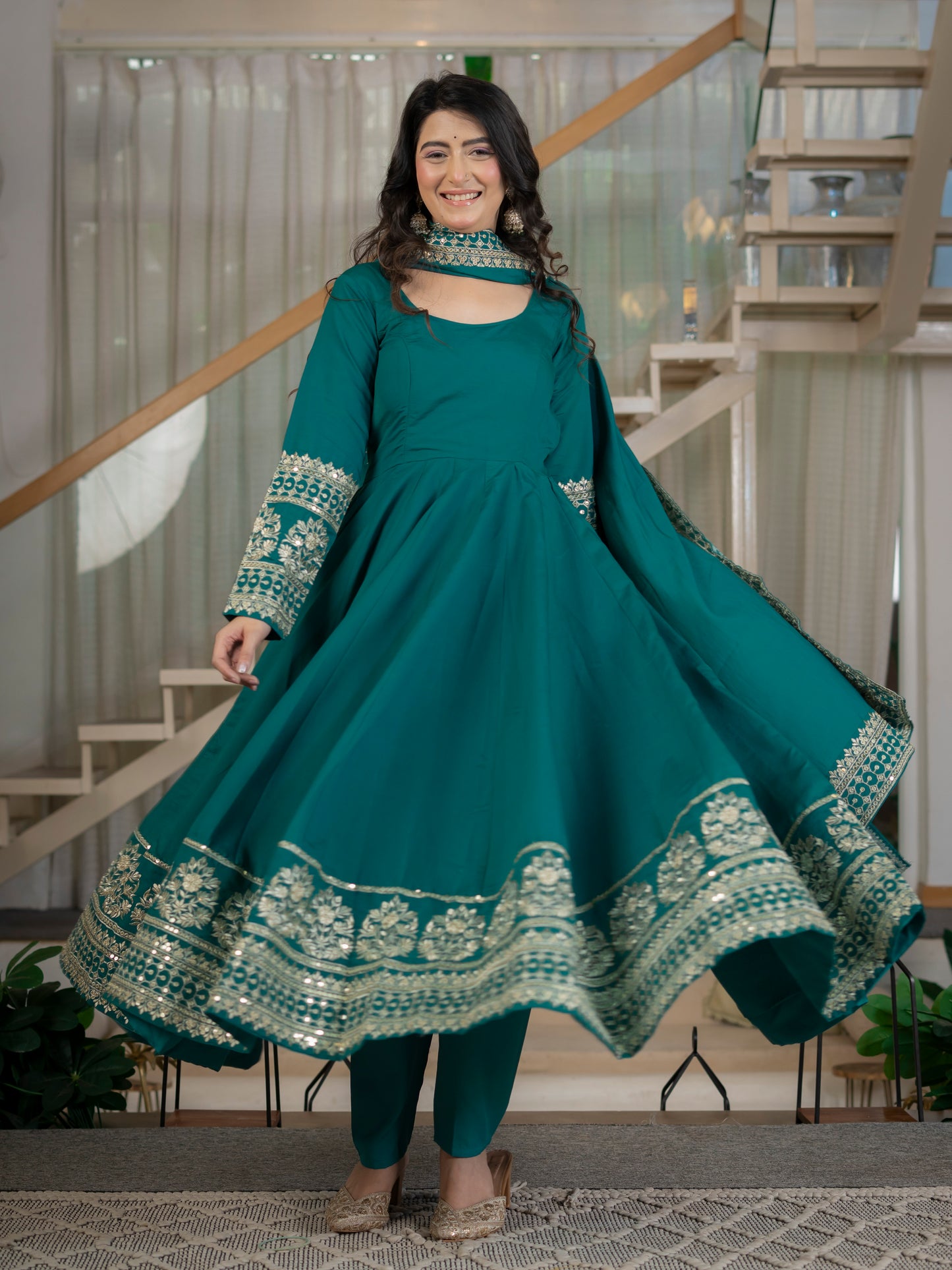 Heavy Roman Cotton Silk Embroidered Anarkali Suit Set with Pant & Dupatta