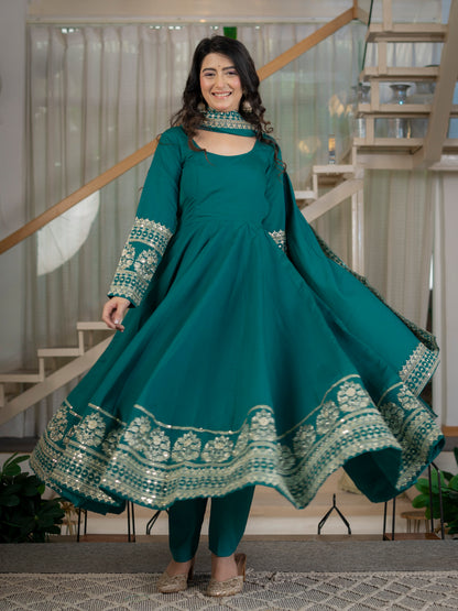 Heavy Roman Cotton Silk Embroidered Anarkali Suit Set with Pant & Dupatta