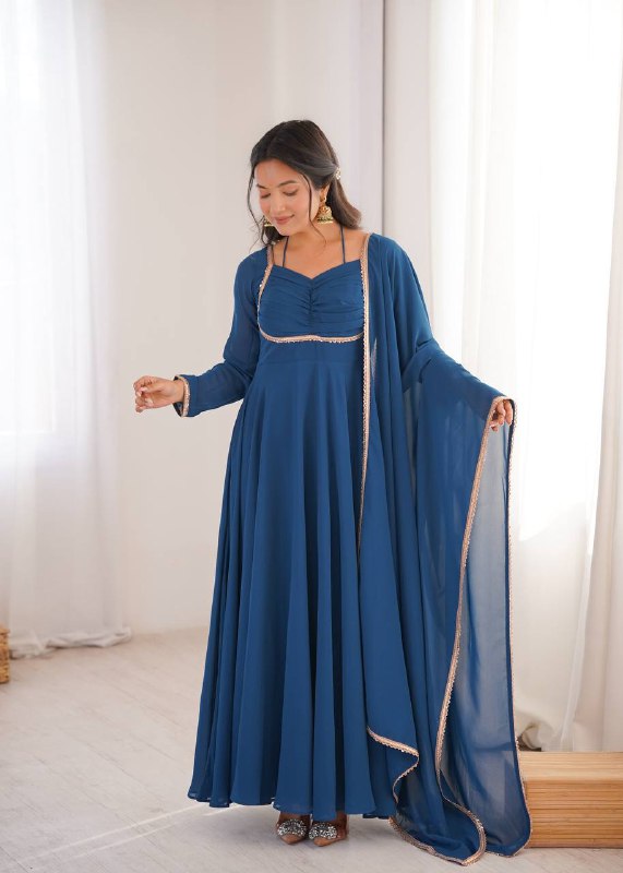 Premium Designer Fox Georgette Long Gown with Rich Flare & Lace Dupatta