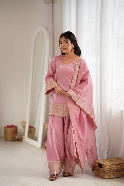 Glass Roman Silk Embroidered Farshi Salwar Suit Set with Dupatta for Women