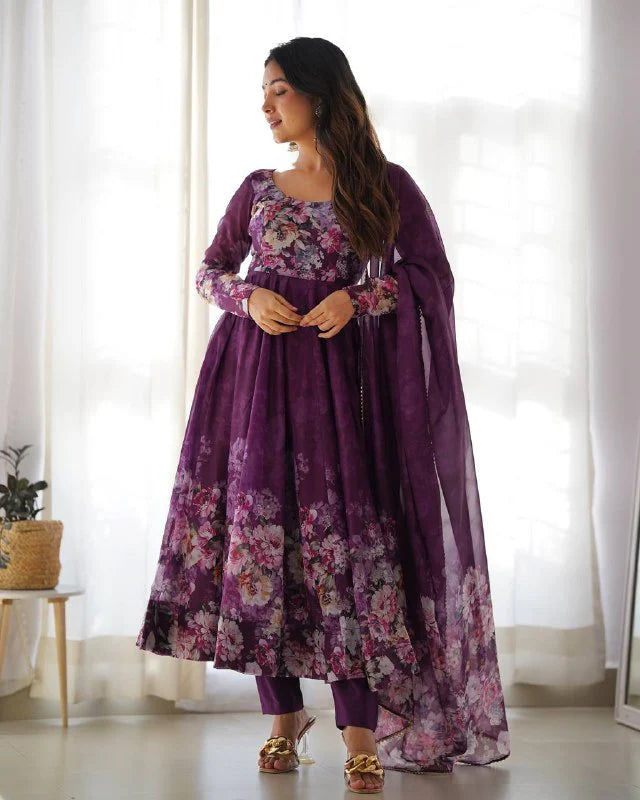 Pure Soft Organza Silk Fully Flared Kali Cut Anarkali Suit Set with Dupatta & Pant
