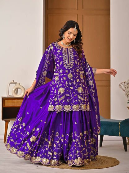 Eid & Party Wear Purple Floral Embroidery Lehenga Top and Dupatta Set