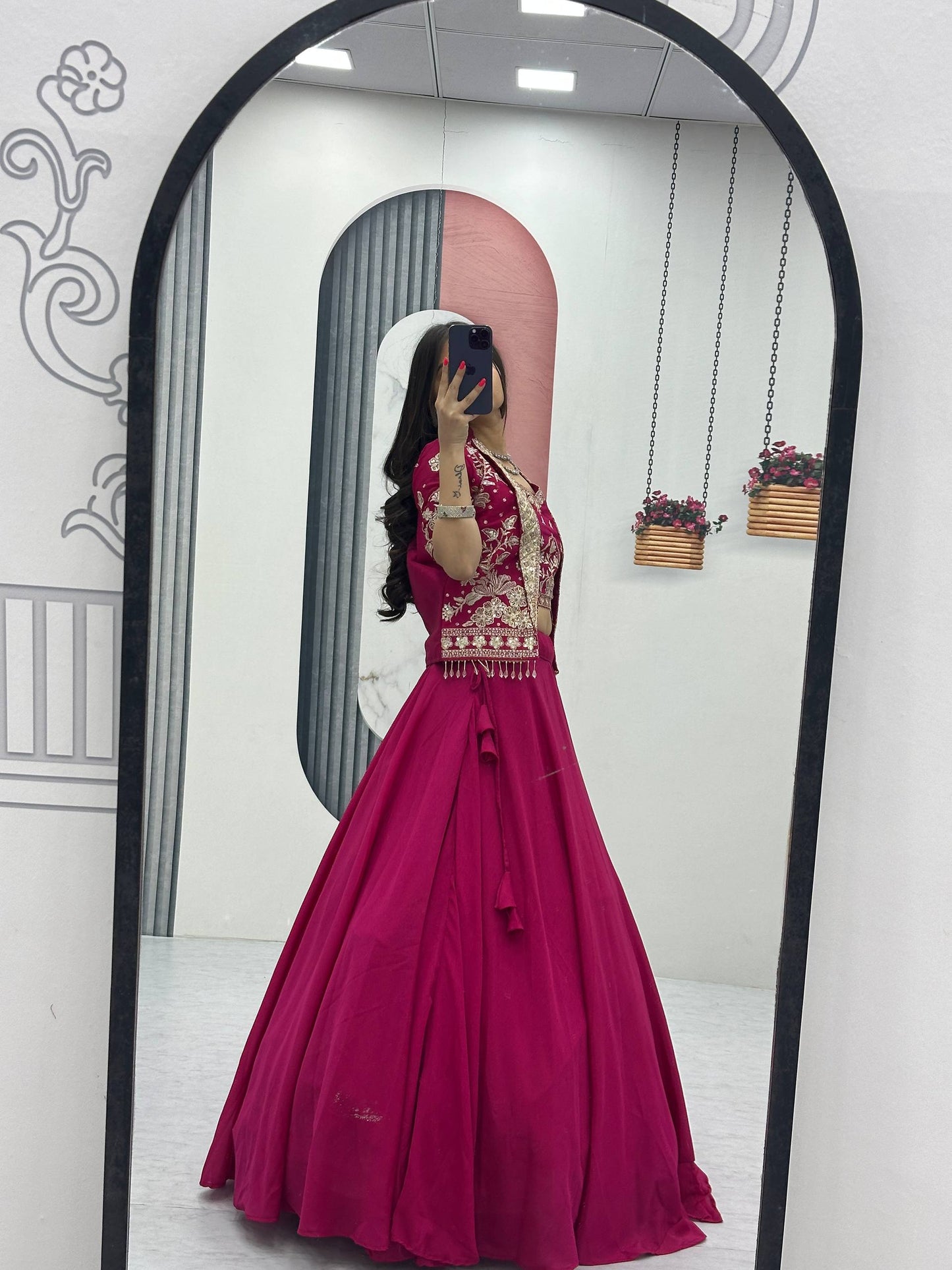 Designer Chinon Crop Top Lehenga Set with Heavy Embroidery Jacket