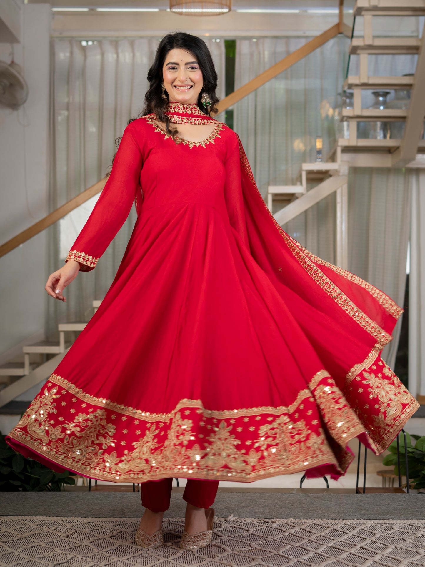 Heavy Rangoli Crush Embroidered Anarkali Suit Set with Pant & Dupatta